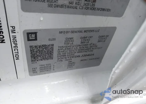 2020 Chevrolet Silverado 1500 4Wd Standard Bed Lt z USA, uszkodzony, nr VIN 1GCUYDED6LZ204024